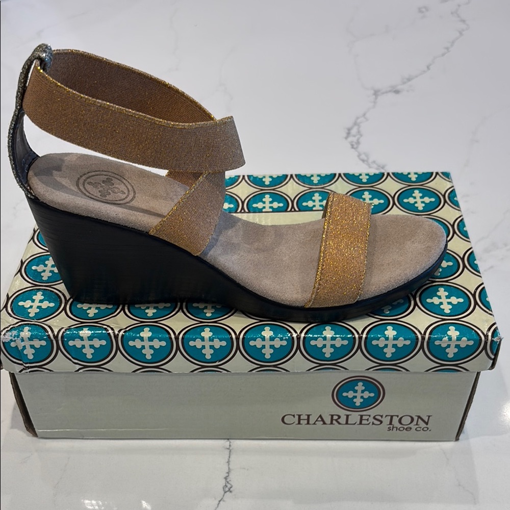 Charleston Shoe Co. Sparkle Gold Wedge Sandals